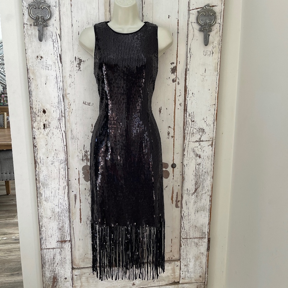 Tahari by Arthur Levine Size 6 Woman's Black Sequin Flapper Fringe Party Dress